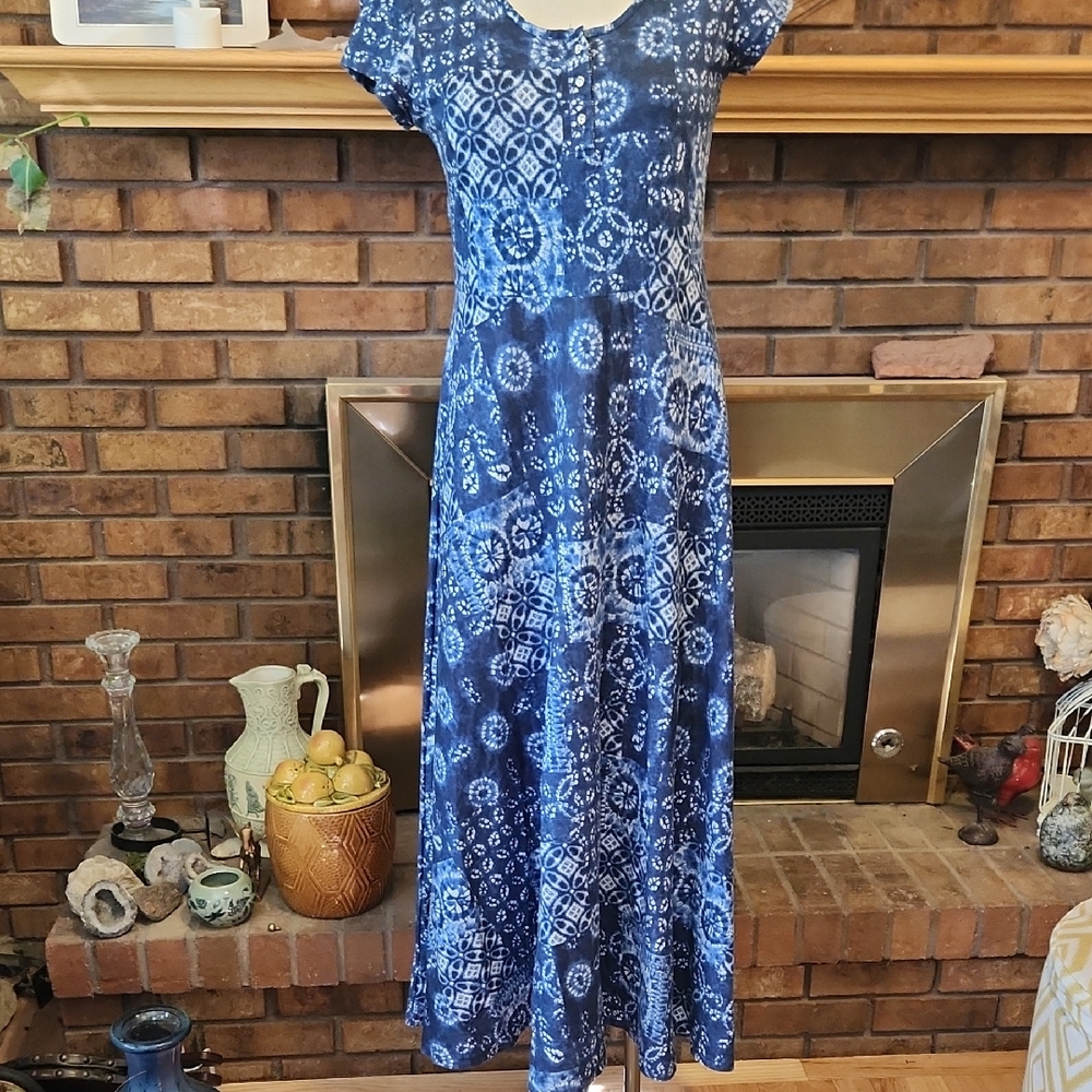 Chaps Blue and White  Maxi Dress 100% Cotton Summer Dress Flowy Spring Easter